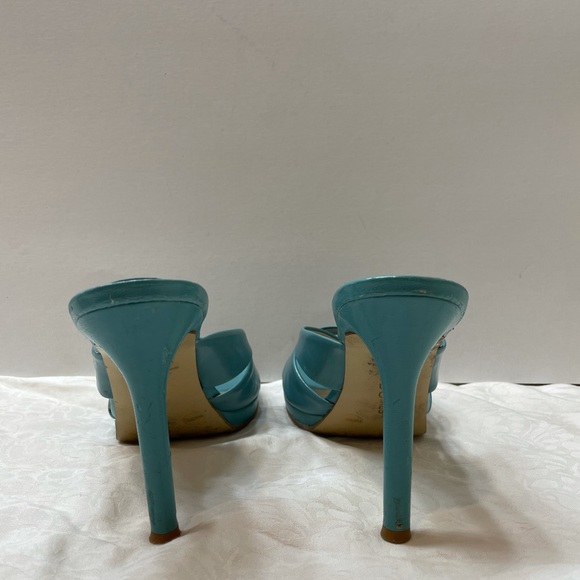 BCBG MaxAzria teal leather slip on open toe 4”heel - Picture 4 of 4